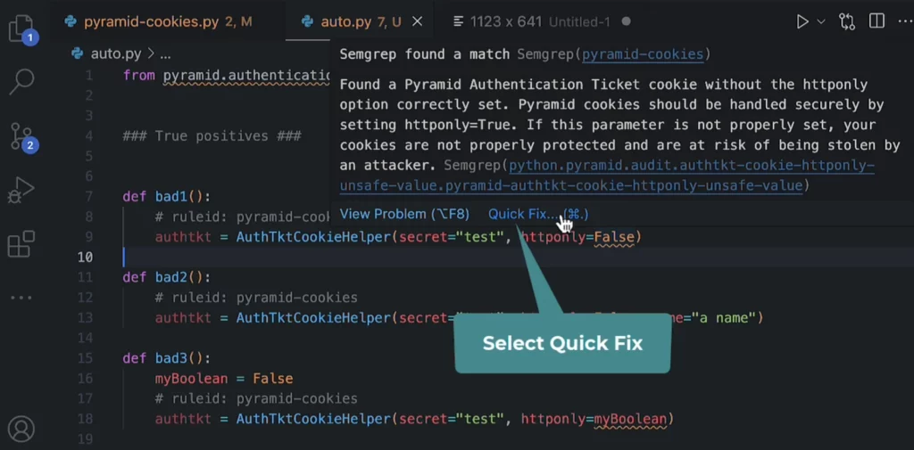 Quick Fix Feature Example in Semgrep VS Code Plugin