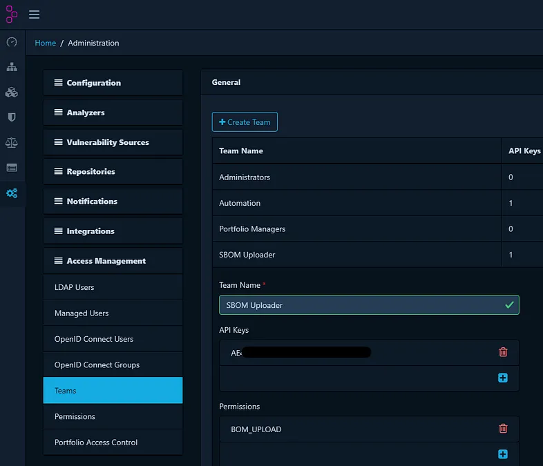 Creating a Team for Uploading SBOMs Through API